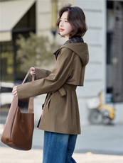 时尚格子拼接连帽休闲风衣女2026秋季新款系带收腰显瘦工装风外套，女装风衣，微微衣阁