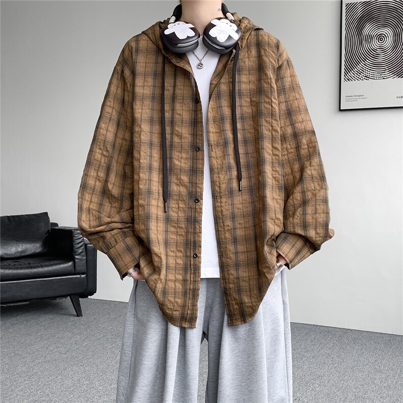 新款CS7147-P38特无差价大码轻薄微微皱连帽防晒宽松衬衫，男装防晒衣，电商D232