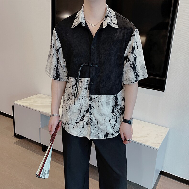 夏季新中式风水墨画假两件拼接痞帅短袖衬衫男宽松衬衣0905-P53,男装T恤,电商B267
