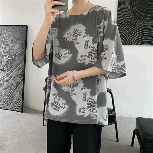 新款ins印花短袖T恤男夏季扎染港风百搭宽松情侣休闲上衣TX18-p20图片