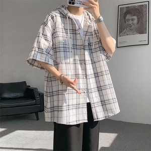 现货 T10118-特批42 控78 活力格子衬衫男女宽松T恤短袖连帽开衫图片