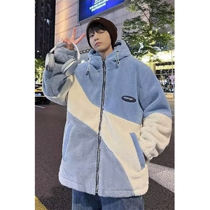 秋冬季羊羔绒外套拼色男连帽夹克青少年帅气秋装保暖棉服 MY204图片