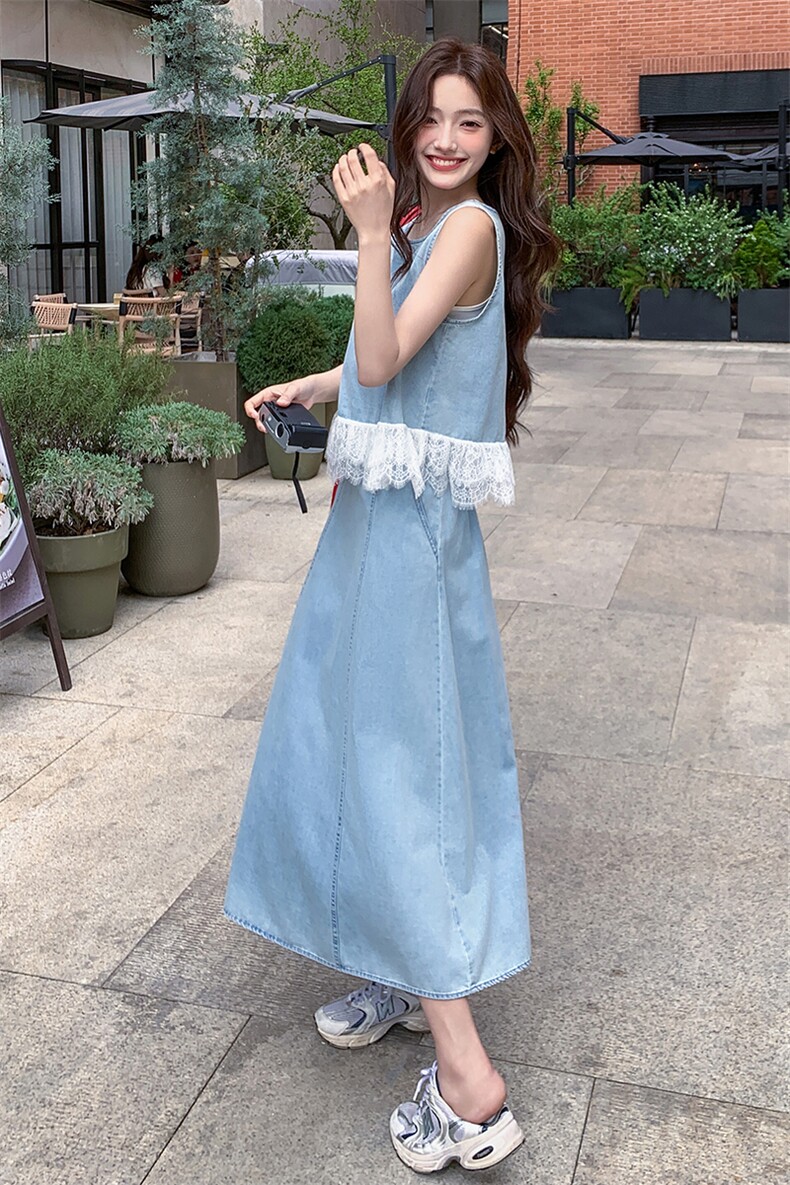 现货-2025年夏季新款蕾丝拼接牛仔两件套裙P155-K218,女装套装/套裙,帛锦泉