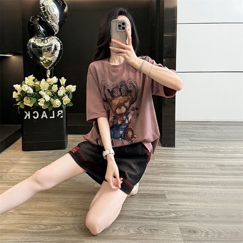 韩系炸街休闲运动套装女夏新款圆领短袖小熊上衣宽松短裤两件套潮,女装套装/套裙,江南