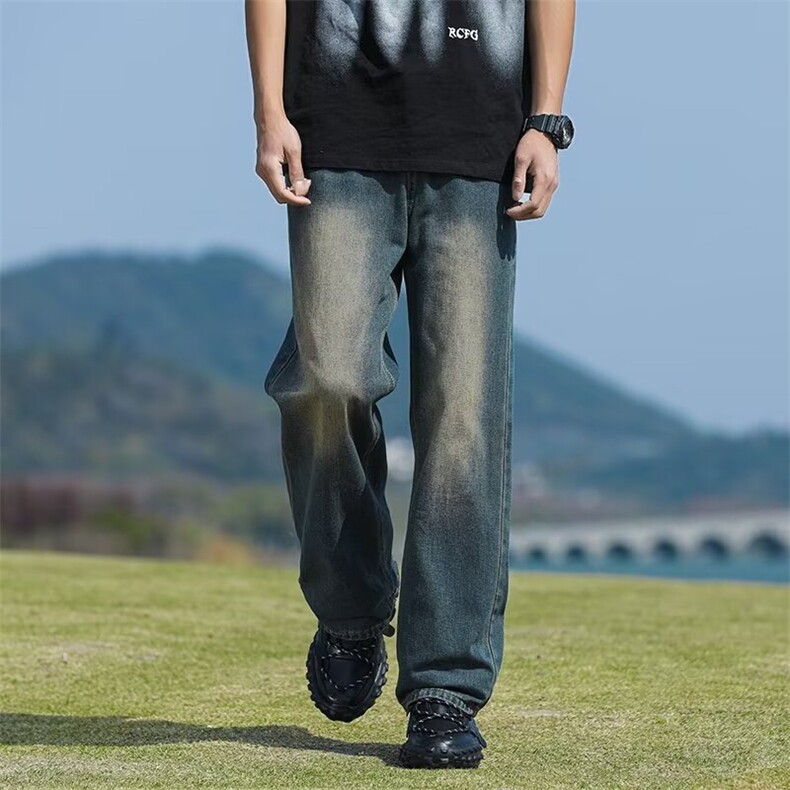 日系潮流简约牛仔裤男秋季新款美式复古潮牌直筒裤子宽松休闲长裤,男装牛仔裤,星座1013