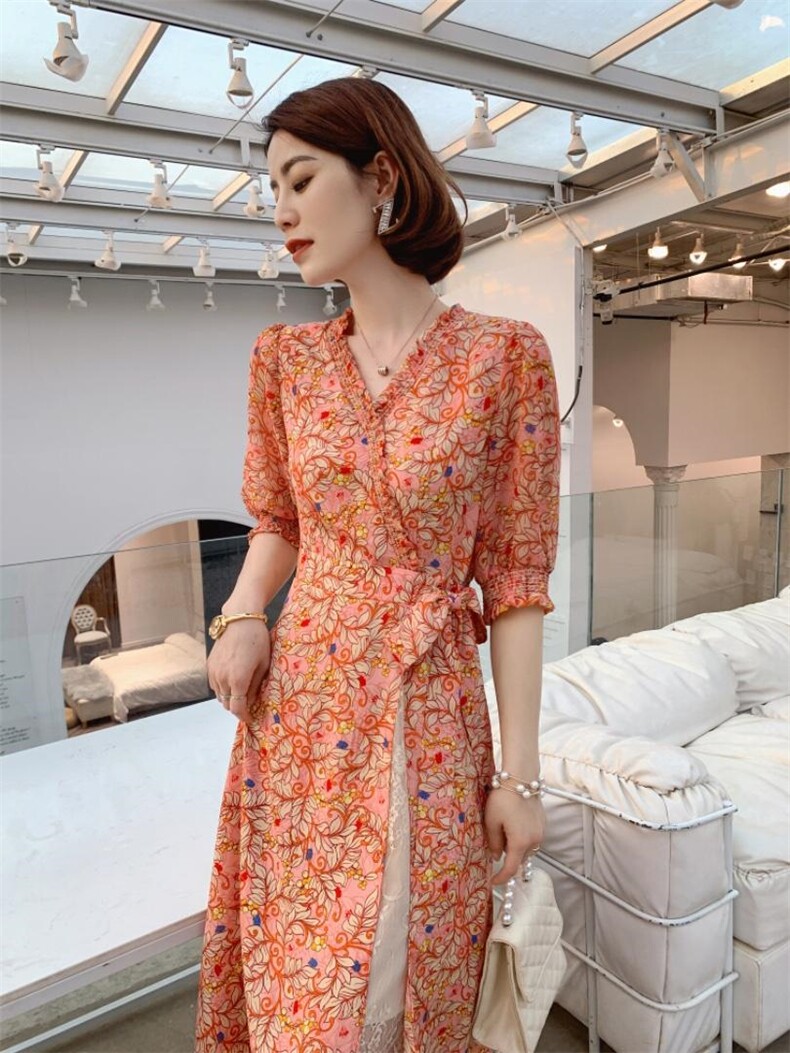 【夏季新款】长款碎花蕾丝连衣裙，女装连衣裙，笑思源