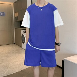 华夫格假两件套装休闲运动短袖短裤两件套潮男搭配衣服 T1321-P40图片