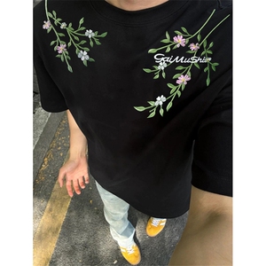 网图有货 美式花卉刺绣短袖T恤男女夏季潮牌宽松情侣t A415-P35图片