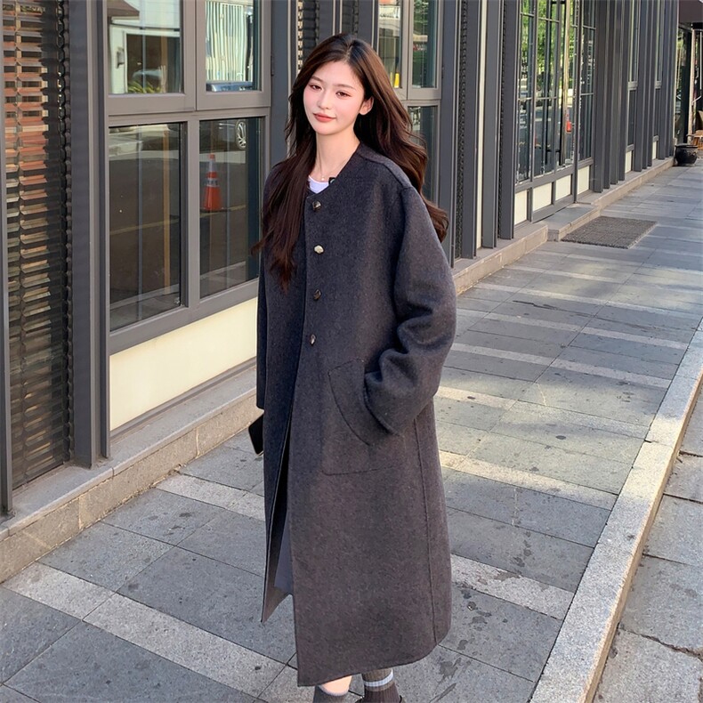 现货2025新款双面羊毛呢正反两穿多种搭配连帽羊毛大衣外套,女装双面呢大衣,丝露依尚（原SL）