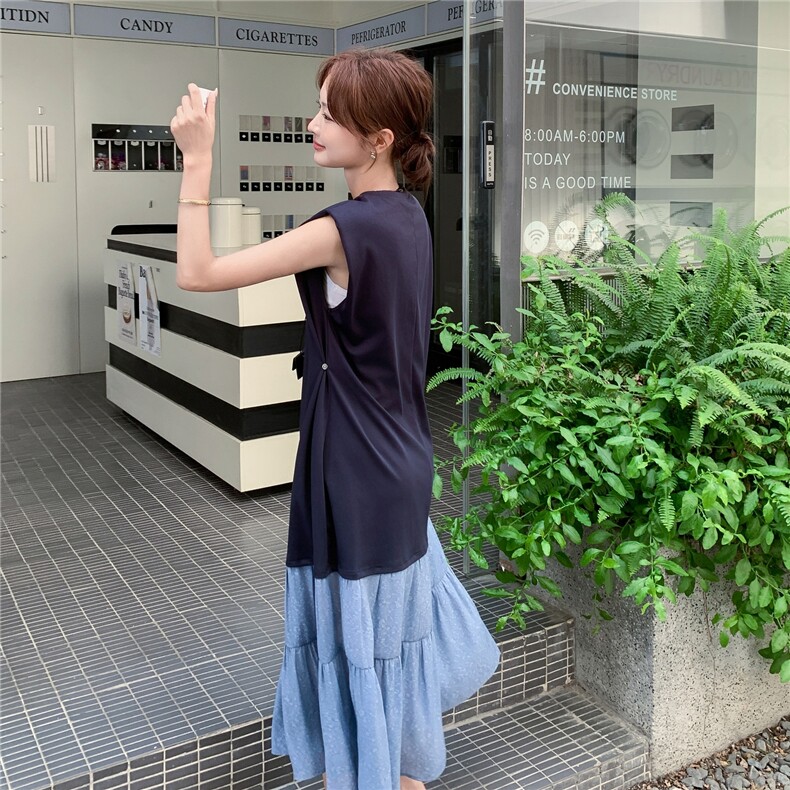 复古气质淡人设计感裙摆撞色连衣裙2025夏季法式休闲通勤风长裙潮,女装连衣裙,浙宝069