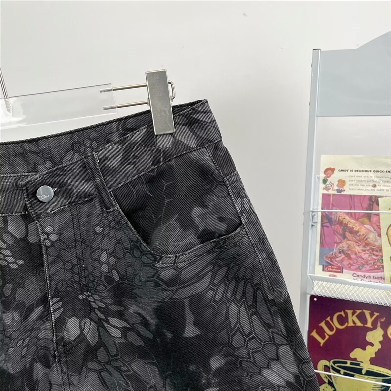 美式复古小众帆布蛇纹迷彩牛仔裤男高街潮牌宽松直筒裤B27/P48,男装牛仔裤,星座506B