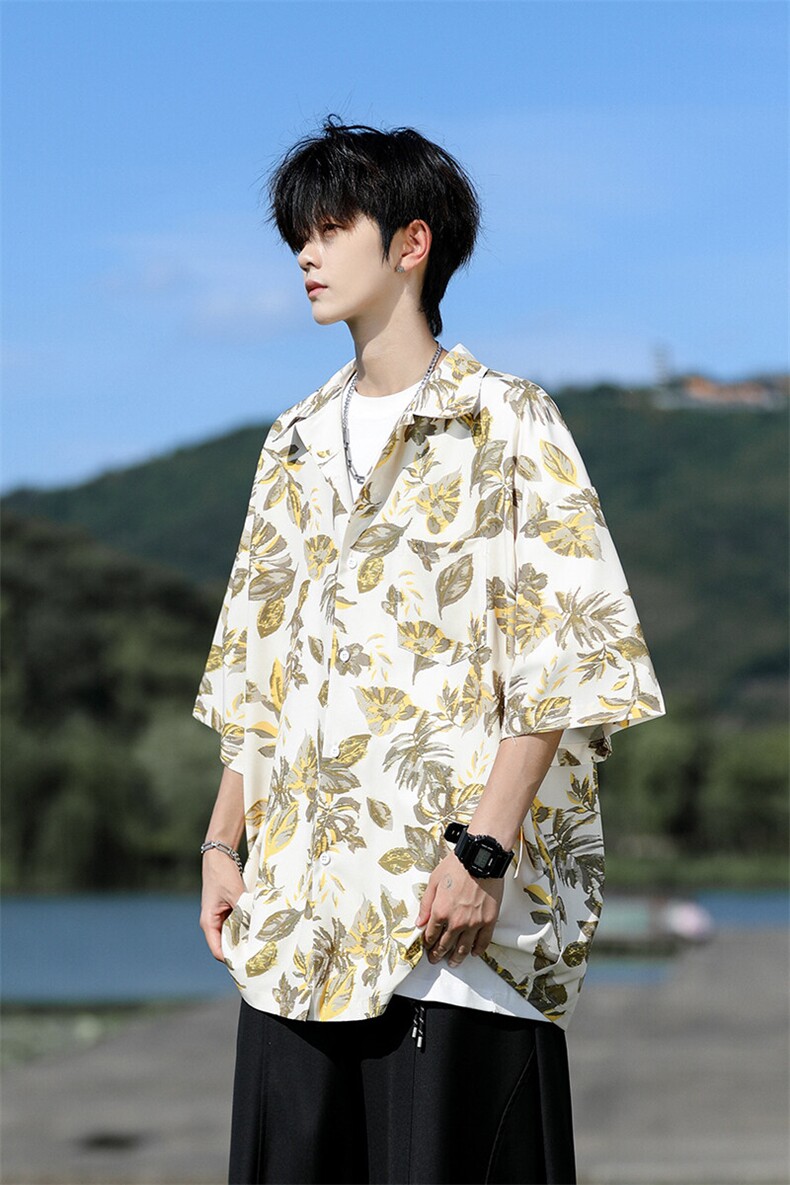 满印碎花衬衫短袖大码复古花卉衬衫夏威夷冰丝沙滩衬衣DC5016/P35,男装衬衫,电商B238