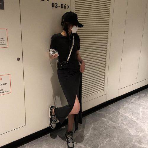 褶皱铜氨开叉裙，女装，XTZ style