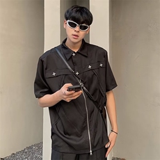 设计感拼接拉链星星短袖衬衫男女夏季美式街头vibe风小众痞帅衬衣，男装衬衫，星座601-2