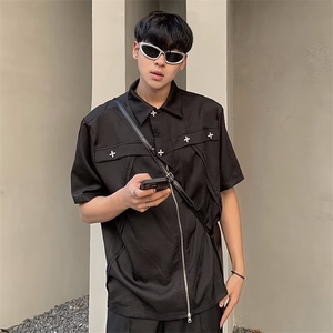 设计感拼接拉链星星短袖衬衫男女夏季美式街头vibe风小众痞帅衬衣图片