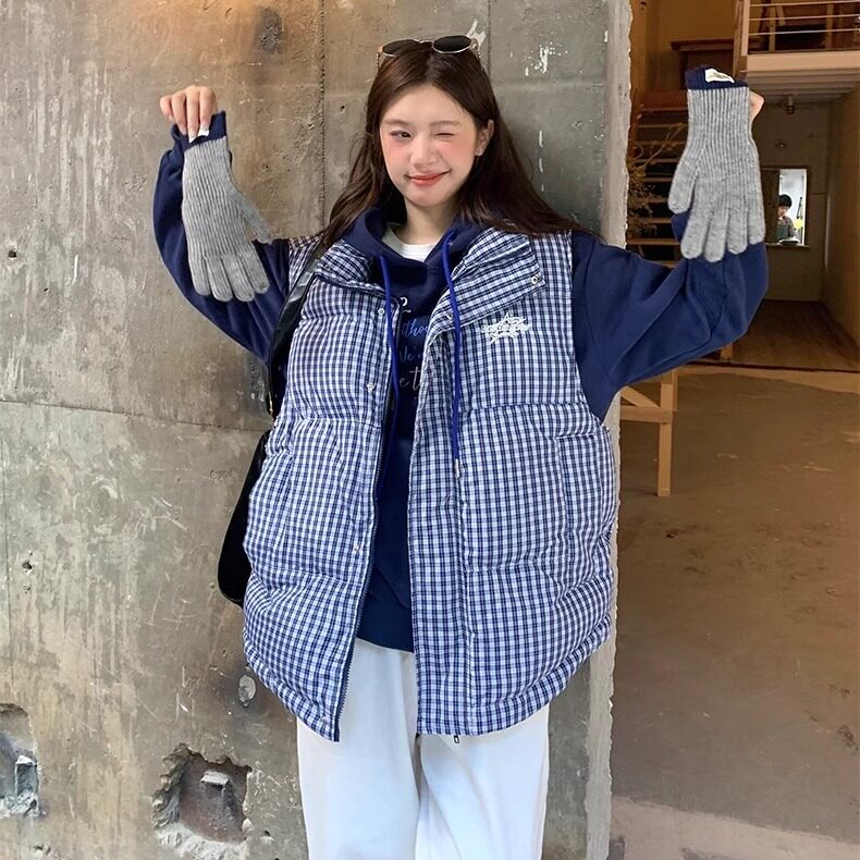 韩系少女无袖格子棉服马甲外套秋冬宽松叠穿上衣MF346-P55,男装棉衣,星座412-3