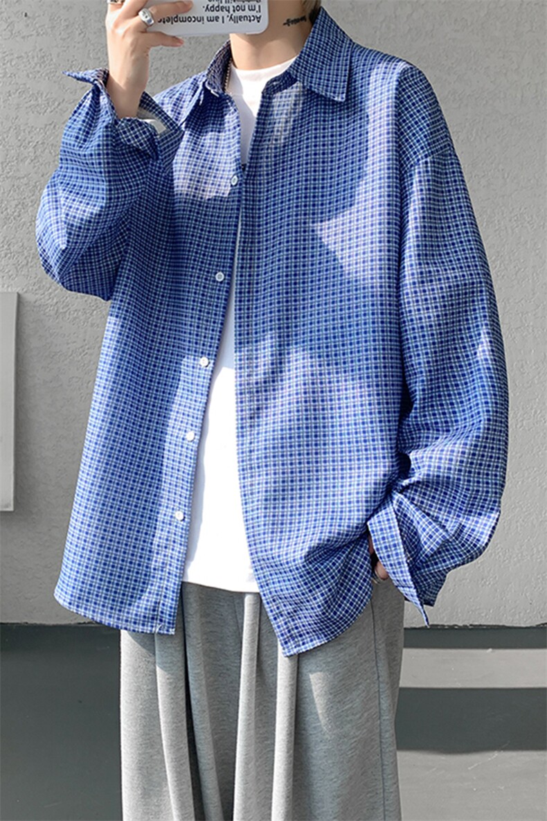 8XL-M长袖衬衫男夏季格子条纹衬衣宽松慵懒风防晒外套CS29005P45,男装衬衫,电商B312
