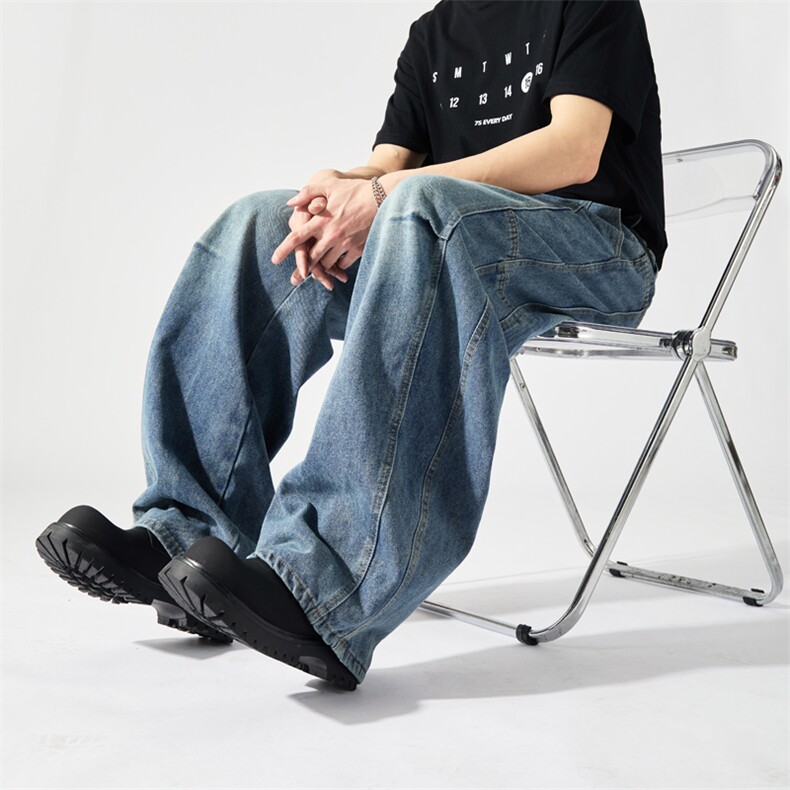 美式拼接牛仔裤男款2025春秋季新款高街痞帅水洗做旧阔腿裤子,男装牛仔裤,星座715-4