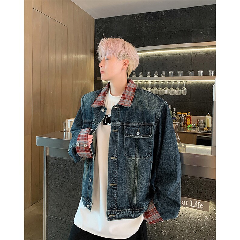 美式复古牛仔外套男女高街宽松设计感春秋格子夹克潮JK83122-p75,男装工装外套,星座1008