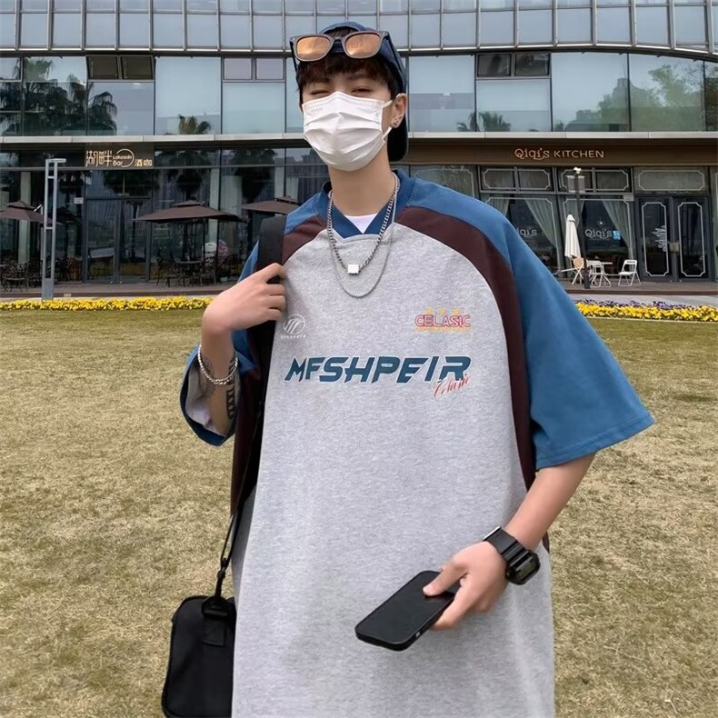 复古美式拼接撞色插肩袖polo衫男短袖夏季宽松潮牌T恤,男装T恤,星座716-4