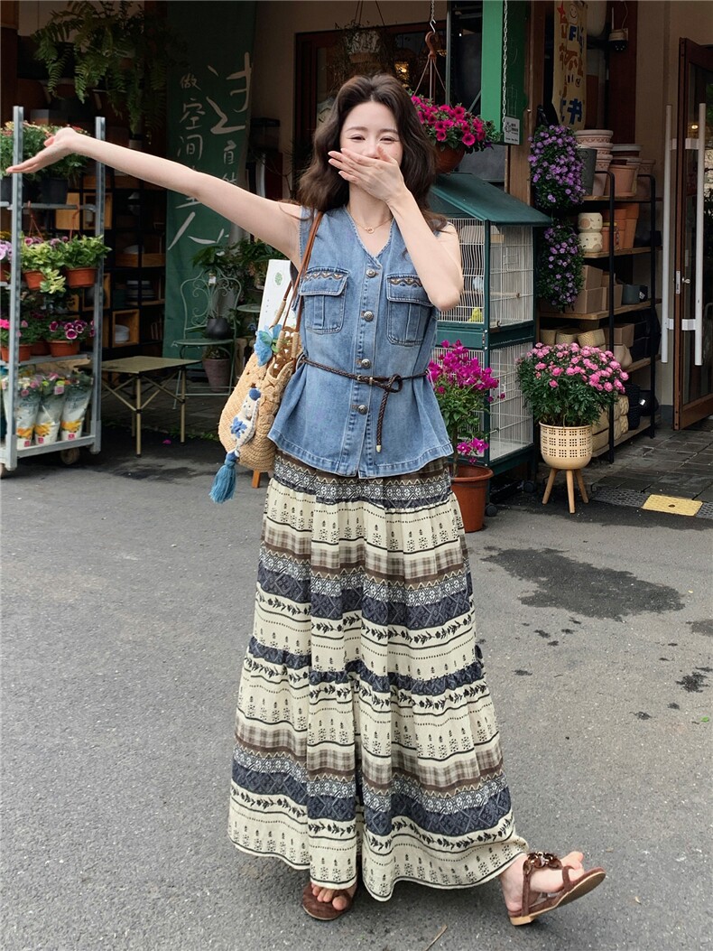 2026夏季新款显瘦气质牛仔马甲印花半身裙套装裙超好看穿搭一整套,女装套装/套裙,流量+