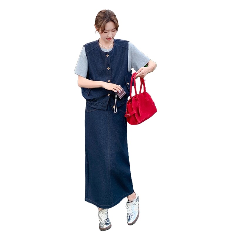 韩系穿搭休闲牛仔马甲套装裙女2025夏季新款短袖T恤半身裙三件套,女装套装/套裙,2C177