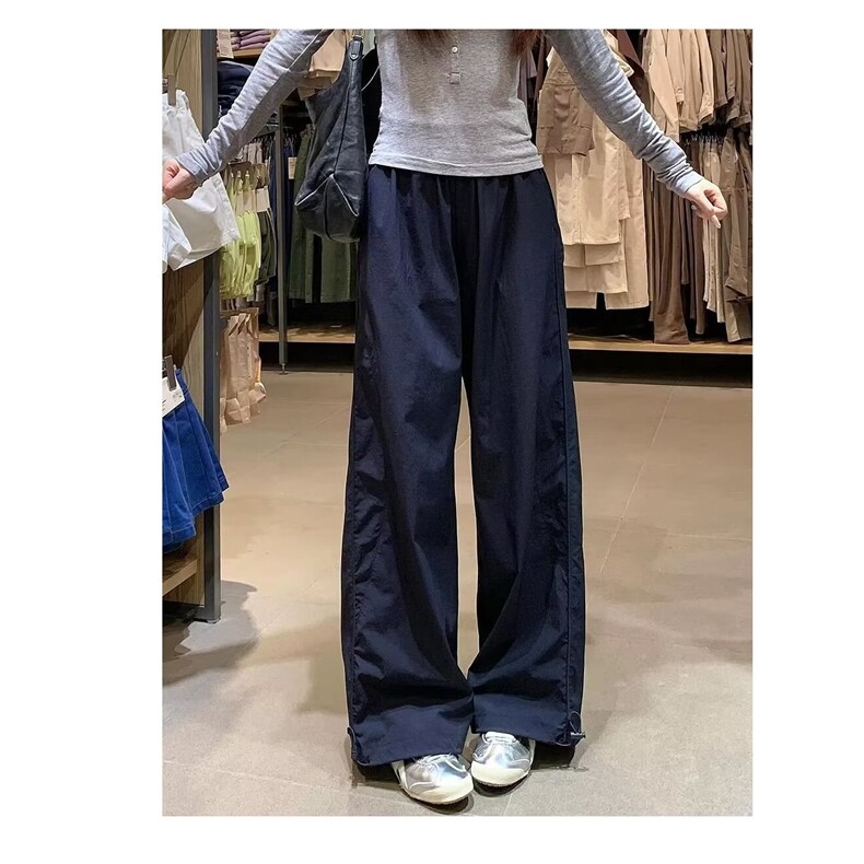 藏蓝色美式运动工装长裤女夏季新款百搭宽松慵懒休闲直筒阔腿裤子,女装休闲裤,星座1210-1