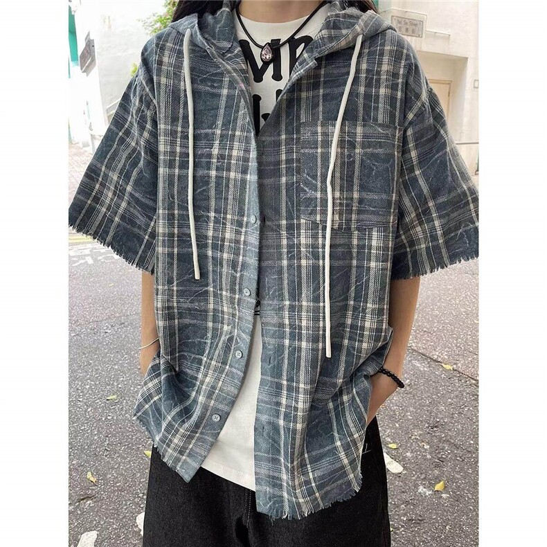 衬衫男2025夏季港风日系连帽五分袖上衣薄款宽松网红炸街衬衣,男装衬衫,星座506A