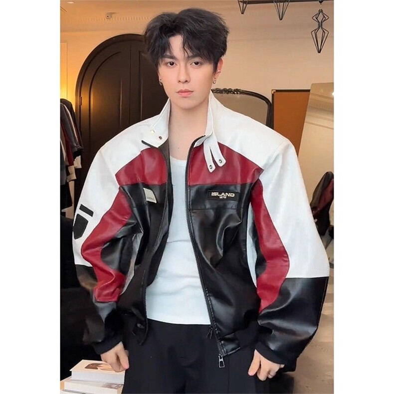JK8574-P68美式pu皮衣飞行员夹克男款情侣拼接撞色痞帅高级感，男装皮衣，电商B323A