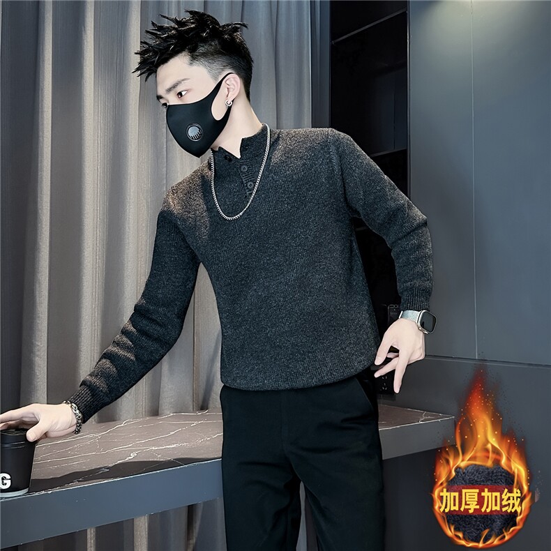 加绒一体绒毛衣男纽扣针织衫社会小伙店主风301C-M119-P78控108,男装针织衫/毛衣,星座301C（原B323）