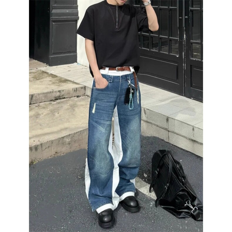 蓝白拼接弯刀牛仔裤男秋季高街vibe宽松垂感百搭阔腿长裤NZB45,男装牛仔裤,星座516A