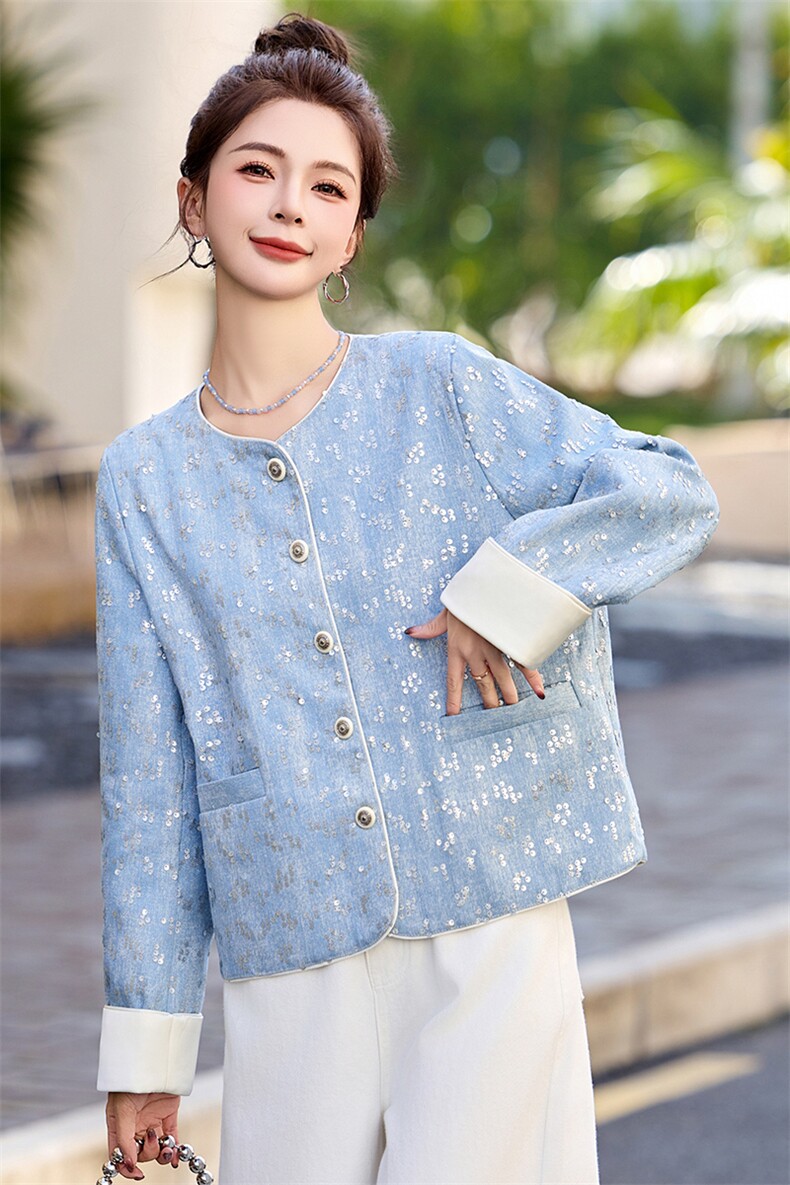 小香风高级感亮片牛仔短外套女2025春季新款圆领气质休闲百搭上衣,女装短外套,盈茜