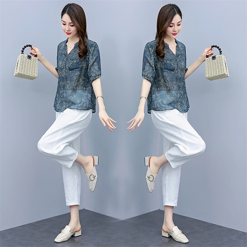 现货2024年夏季新款时尚气质优雅宽松减龄苎麻棉套装两件套,女装套装/套裙,依如秀(原杭风阁)