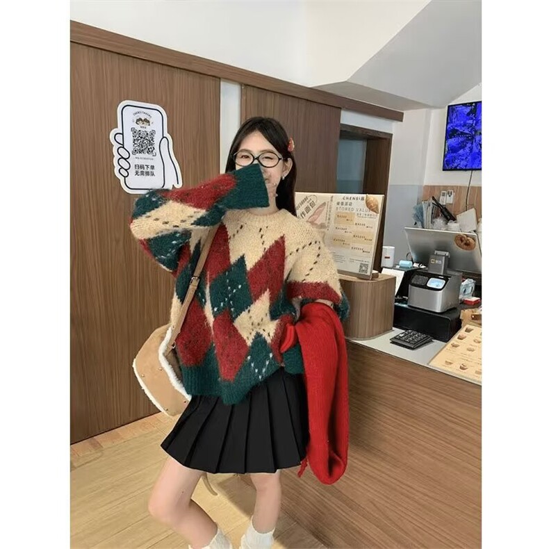 25@鹿毛绒菱形格撞色圣诞毛衣情侣冬季保暖圆领针织衫V11-P50网图,男装针织衫/毛衣,电商B245
