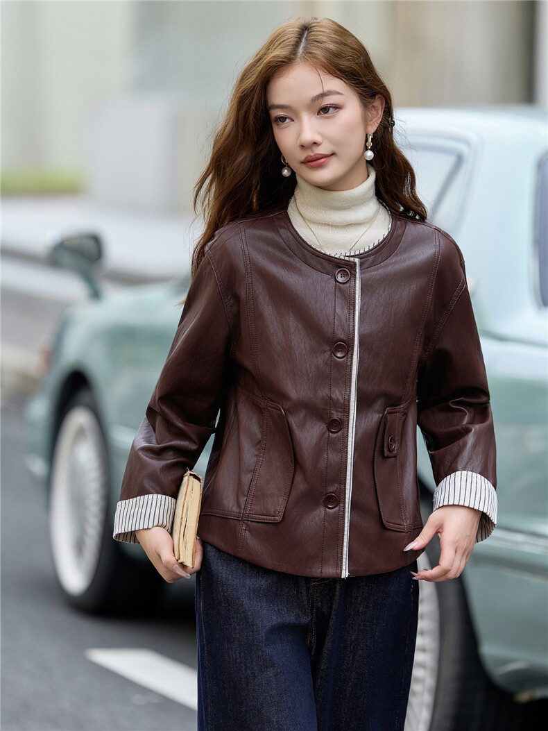 2025秋季女装新款小香风相拼短款皮衣外套,女装皮衣,魅衣本色