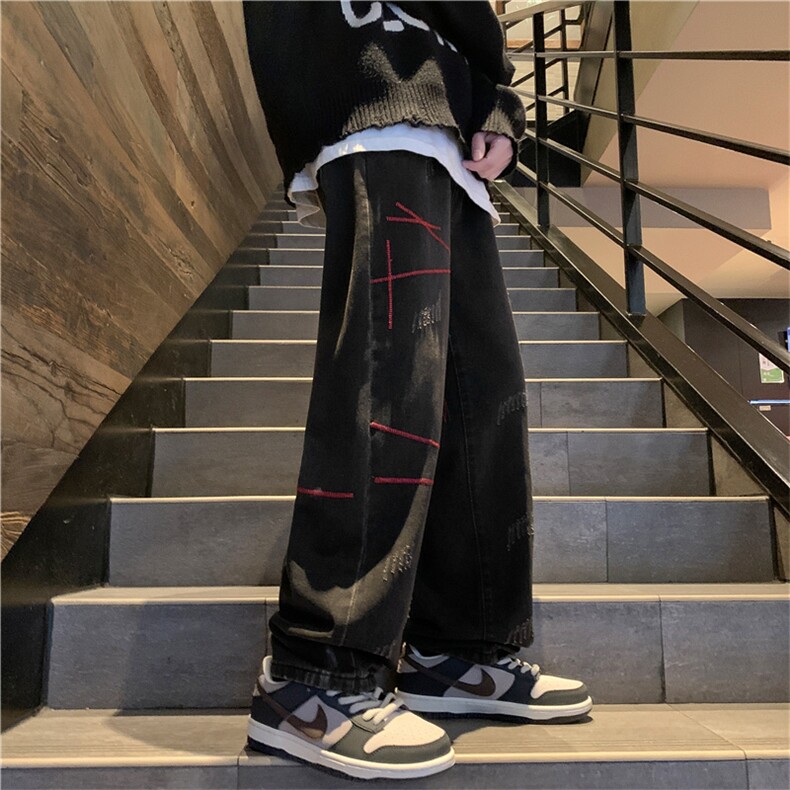 秋季新款牛仔裤男潮痞帅宽松直筒ins高街潮流嘻哈N01619-P40,男装休闲裤,星座308B-1