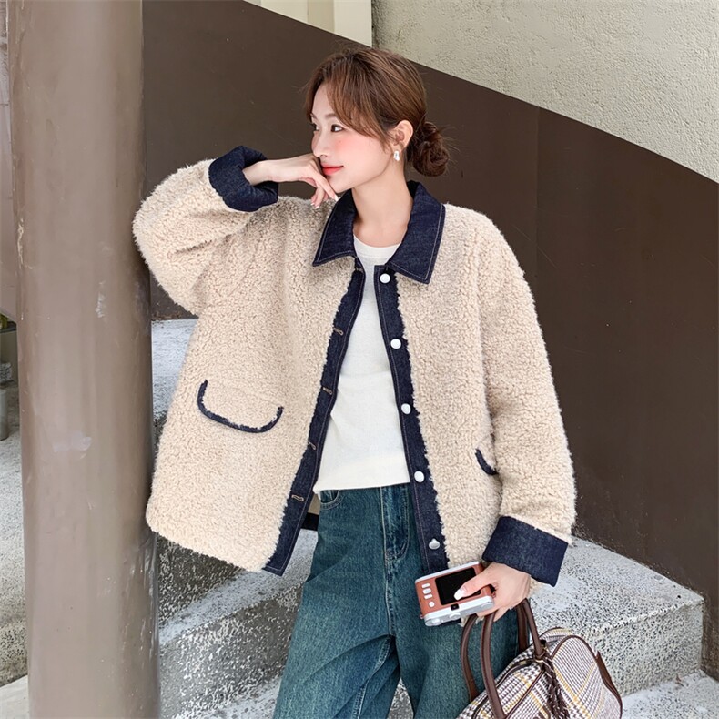 新款主推牛仔拼接羊羔毛外套2652-P195-K298,女装短外套,2C129