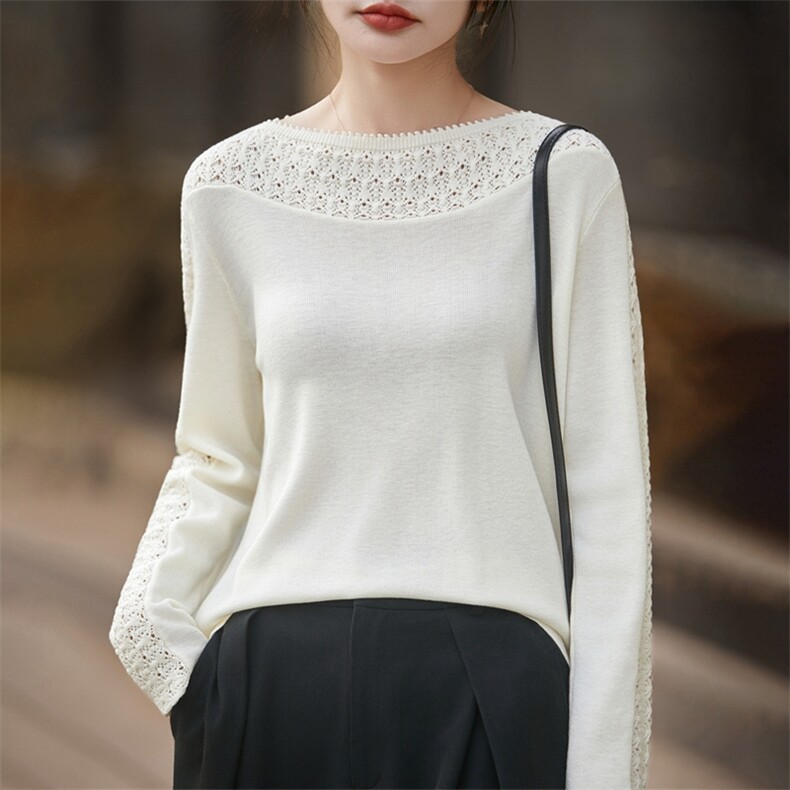 2026年秋季时尚百搭通勤简约休闲一字领钩花镂空套衫，女装羊毛衫，暖烁羊绒