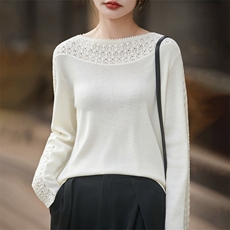 2026年秋季时尚百搭通勤简约休闲一字领钩花镂空套衫,女装羊毛衫,暖烁羊绒, 2026年秋季时尚百搭通勤简约休闲一字领钩花镂空套衫,女装羊毛衫,暖烁羊绒,