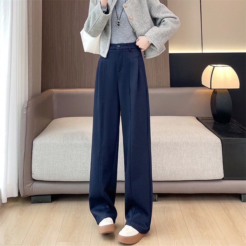 深蓝色加绒阔腿牛仔裤秋冬新款高腰宽松直筒垂感丹宁拖地裤,女装休闲裤,云美莎专业女裤-全店现货