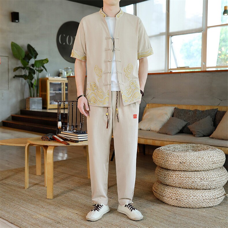 2025新款风男装夏季短袖开衫唐装男汉服套装一套-7717-P60,男装休闲套装,星座1105