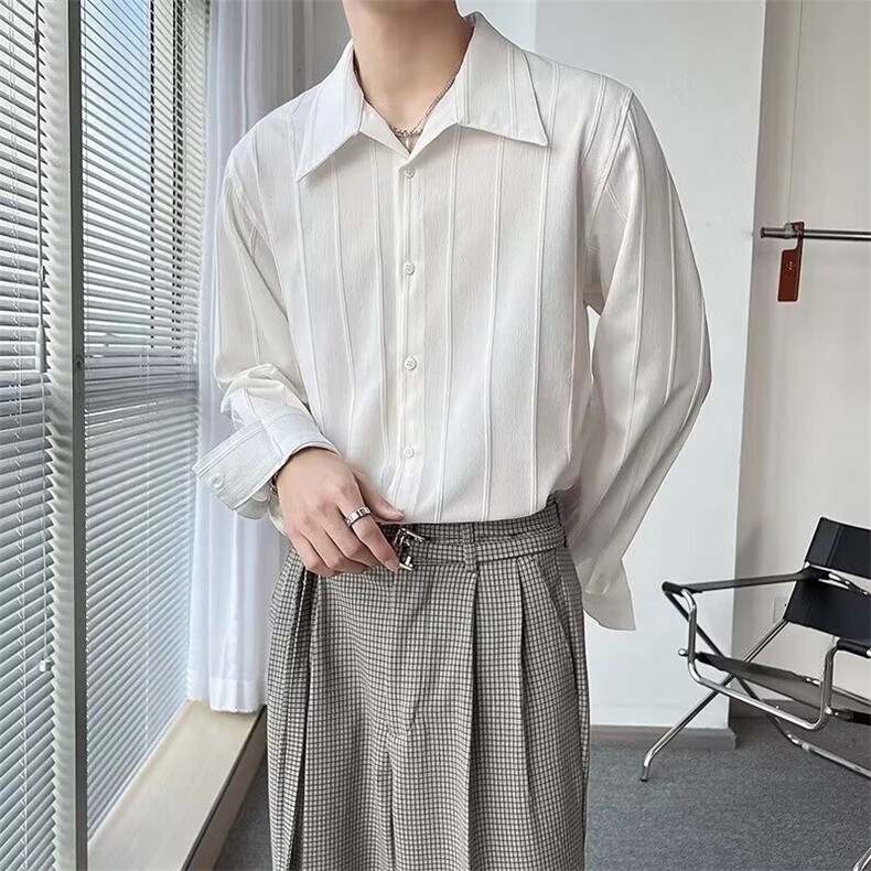 百搭白色长袖衬衫男春秋季潮流宽松大码休闲衬衣翻领外套慵懒流行,男装衬衫,星座506A