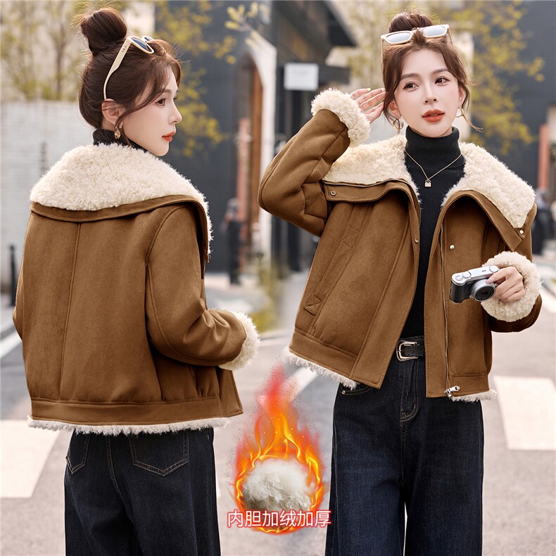 2025冬季新款复古短款皮毛一体,女装羊羔毛/颗粒绒,伊航服饰