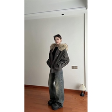 现货重磅boxy短款棉衣座山雕大毛毛领男女棉服水洗工装厚外套，男装棉衣，电商A486