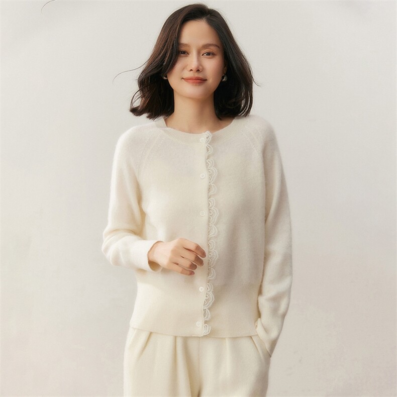 2025百搭时尚简约花边圆领开衫羊绒，女装羊绒衫，贝美羊绒