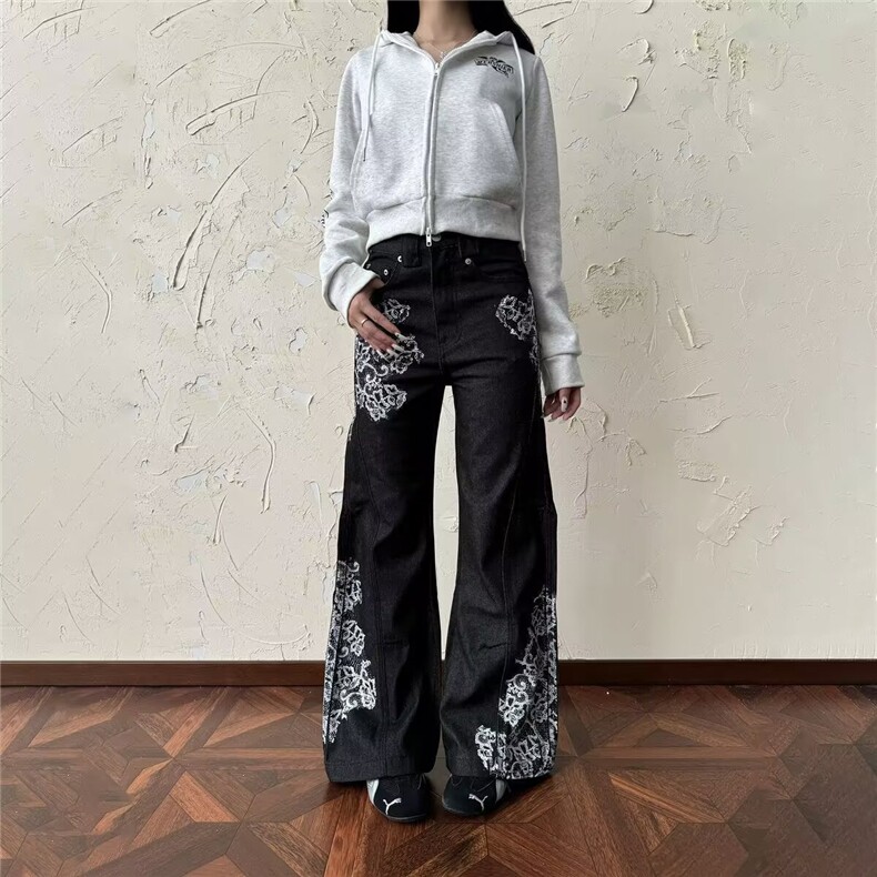 美式复古花卉印花微喇牛仔裤男女宽松百搭阔腿直筒长裤L91844-P52图片
