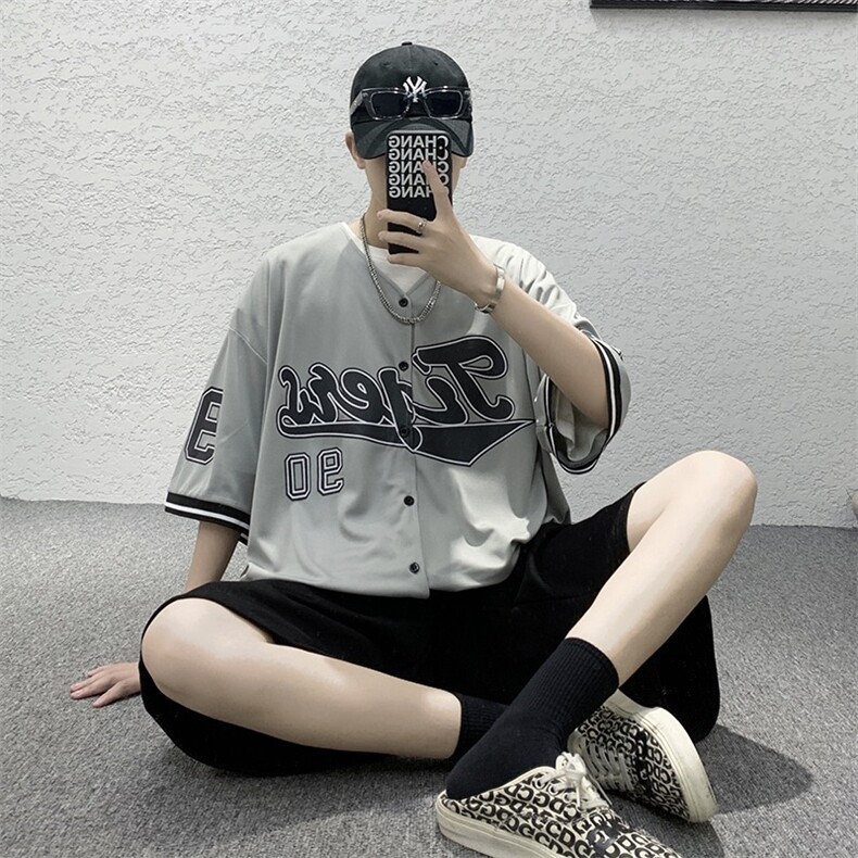 开衫印花短袖T恤男女夏季ins港风复古棒球服衬衣宽松五分半袖体恤,男装T恤,星座1210-1