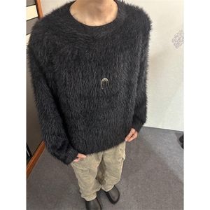 复古垫肩圆领毛衣男春秋季毛茸茸慵懒风套头针织上衣 MX018图片