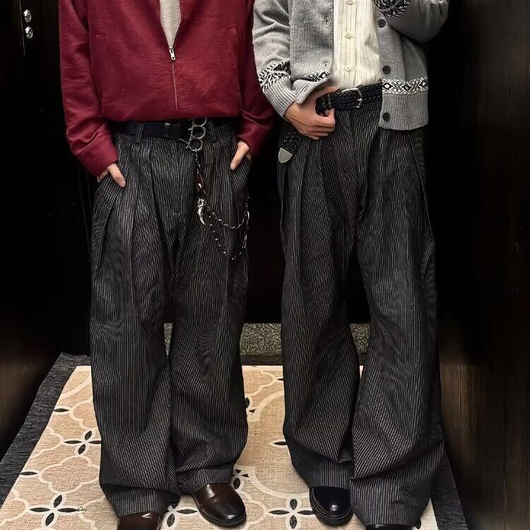 复古休闲裤男士春秋季百褶皱坠感垂感韩系潮流阔腿直筒长裤子潮,男装休闲裤,星座302B-2