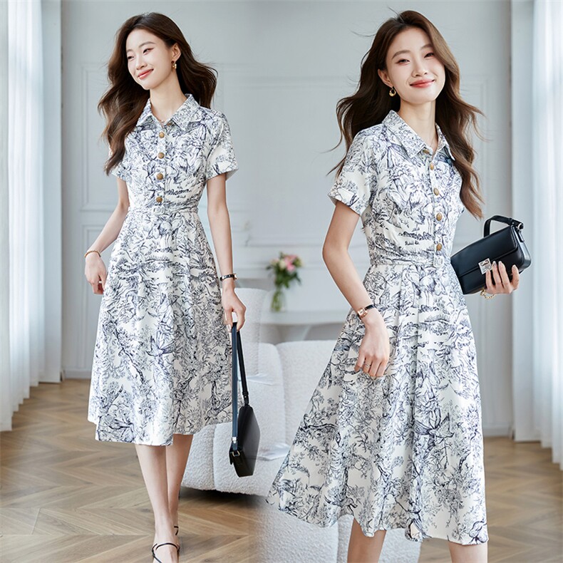 时尚高腰水墨印花连衣裙女2025夏季新款时尚休闲短袖长裙，女装连衣裙，时尚风爆